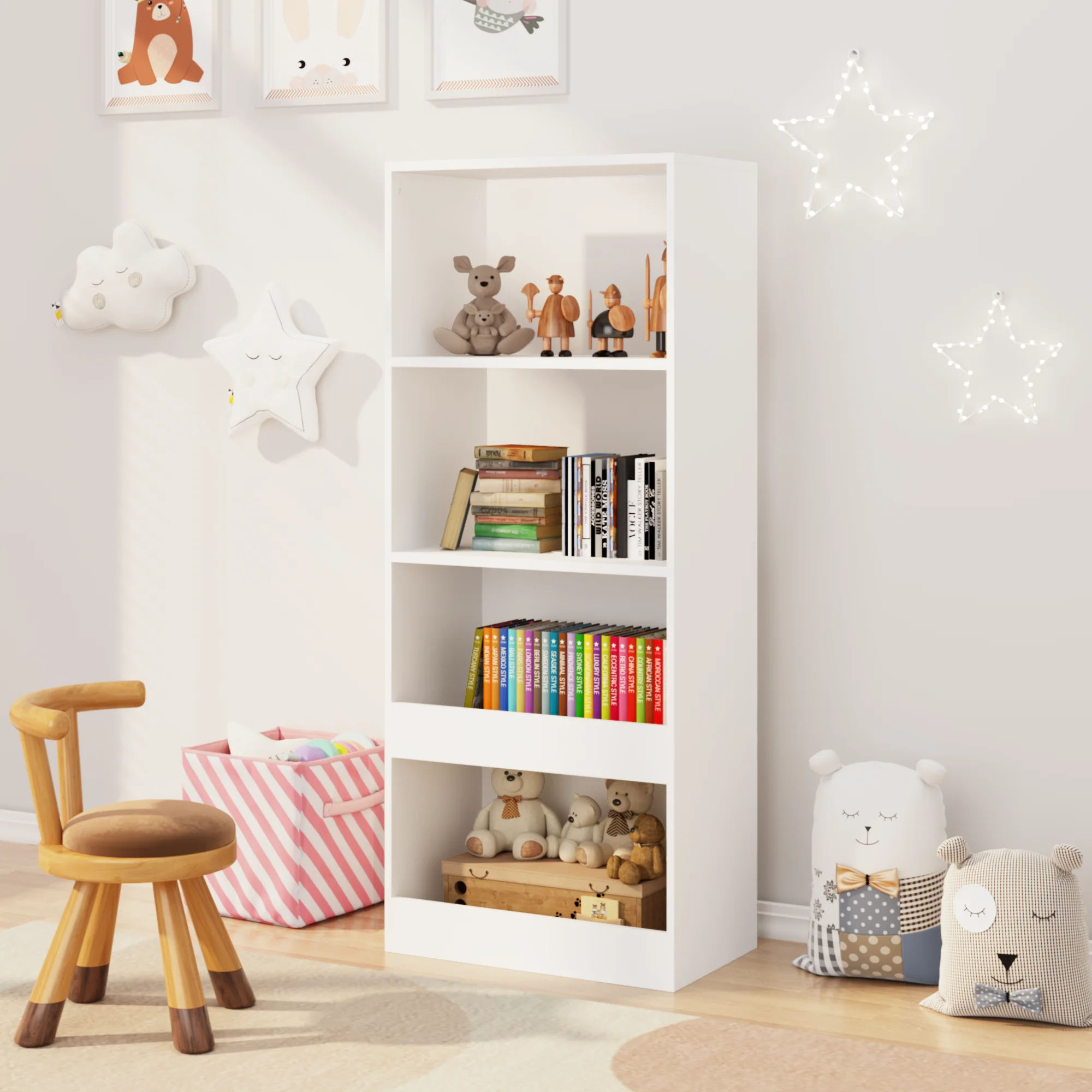 Mia Children's Shelf for Toys and Books, White PAL Particle Board, 120x50x30 cm, 4 Open Storage Compartments, Unassembled