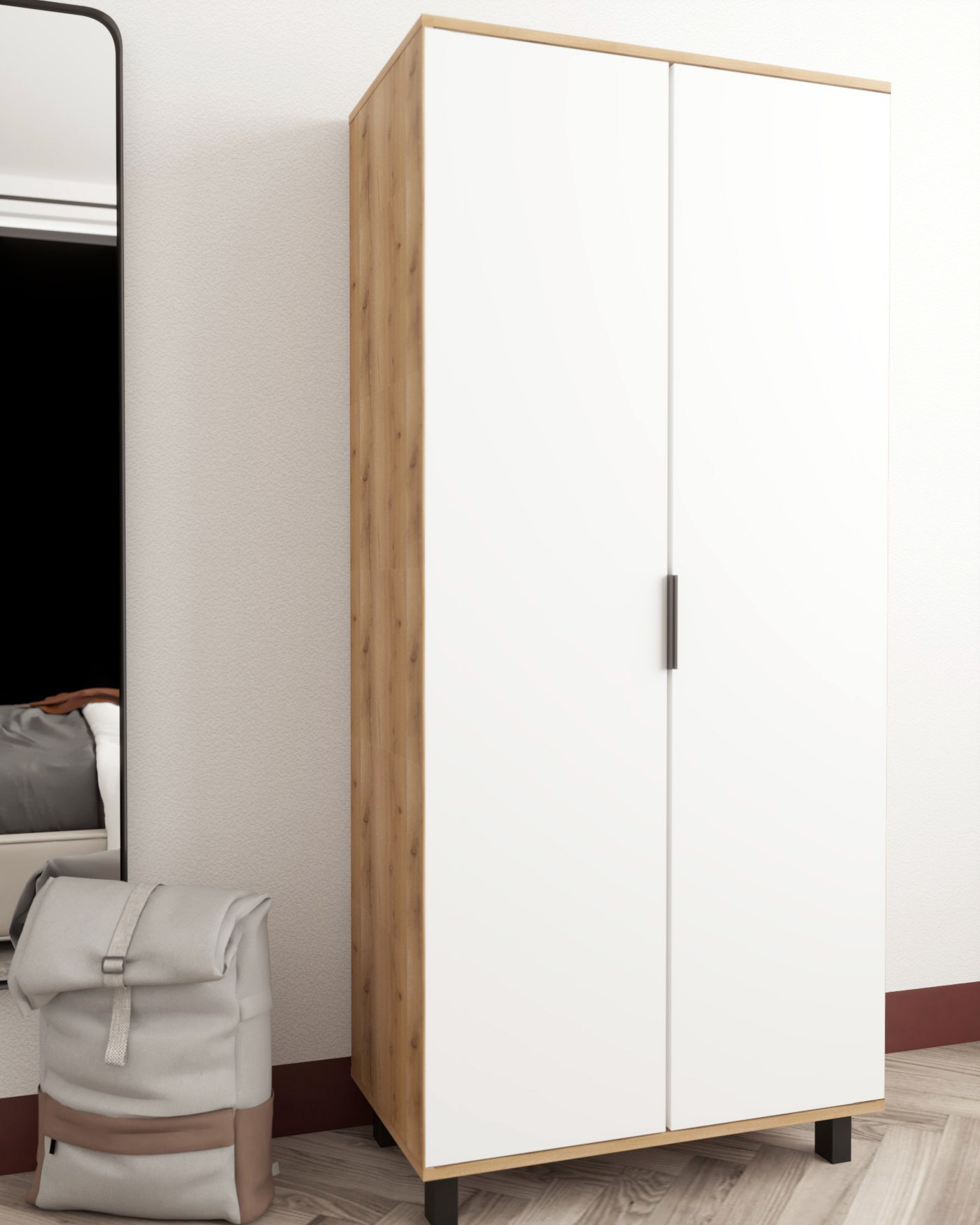 Amelia Two-Door Wardrobe, 180x73x50 cm, PAL Particle Board 16mm, White/Atlantic, Hinged Doors, Hanging Rail and Shelves, Black Handles and Legs