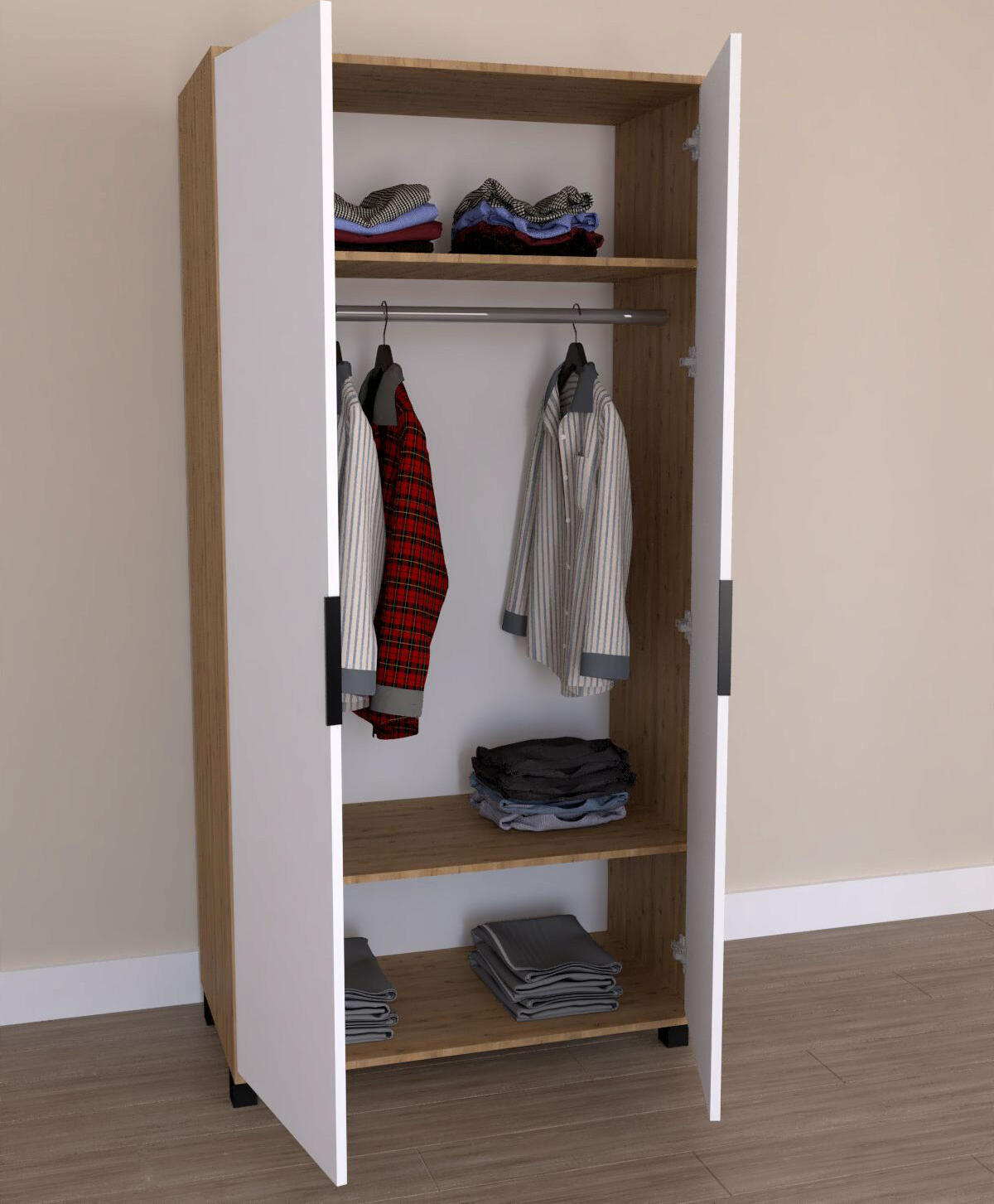 Amelia Two-Door Wardrobe, 180x73x50 cm, PAL Particle Board 16mm, White/Atlantic, Hinged Doors, Hanging Rail and Shelves, Black Handles and Legs