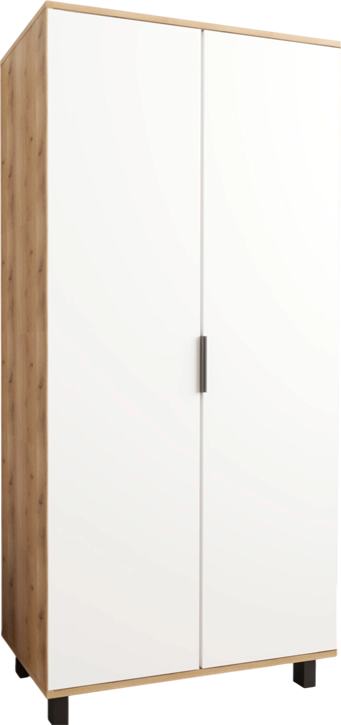Amelia Two-Door Wardrobe, 180x73x50 cm, PAL Particle Board 16mm, White/Atlantic, Hinged Doors, Hanging Rail and Shelves, Black Handles and Legs