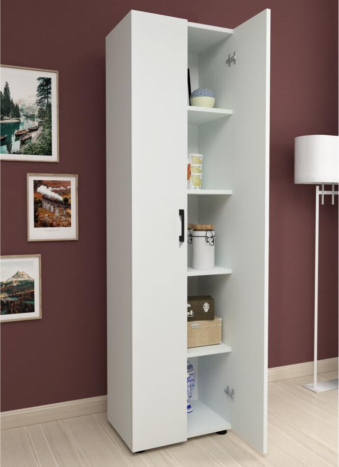 Merlin Storage Cabinet with 5 Shelves, White Particle Board, 2 Doors with Black Handles, 50 x 173 x 32 cm