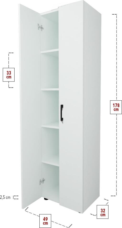 Merlin Storage Cabinet with 5 Shelves, White Particle Board, 2 Doors with Black Handles, 50 x 173 x 32 cm