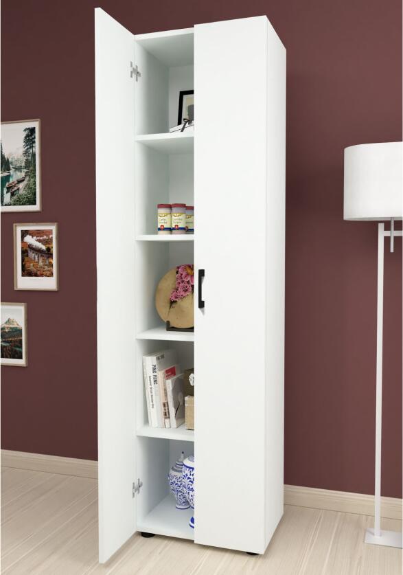 Merlin Storage Cabinet with 5 Shelves, White Particle Board, 2 Doors with Black Handles, 50 x 173 x 32 cm