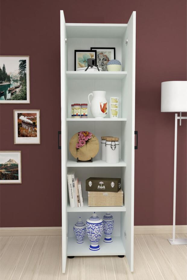 Merlin Storage Cabinet with 5 Shelves, White Particle Board, 2 Doors with Black Handles, 50 x 173 x 32 cm