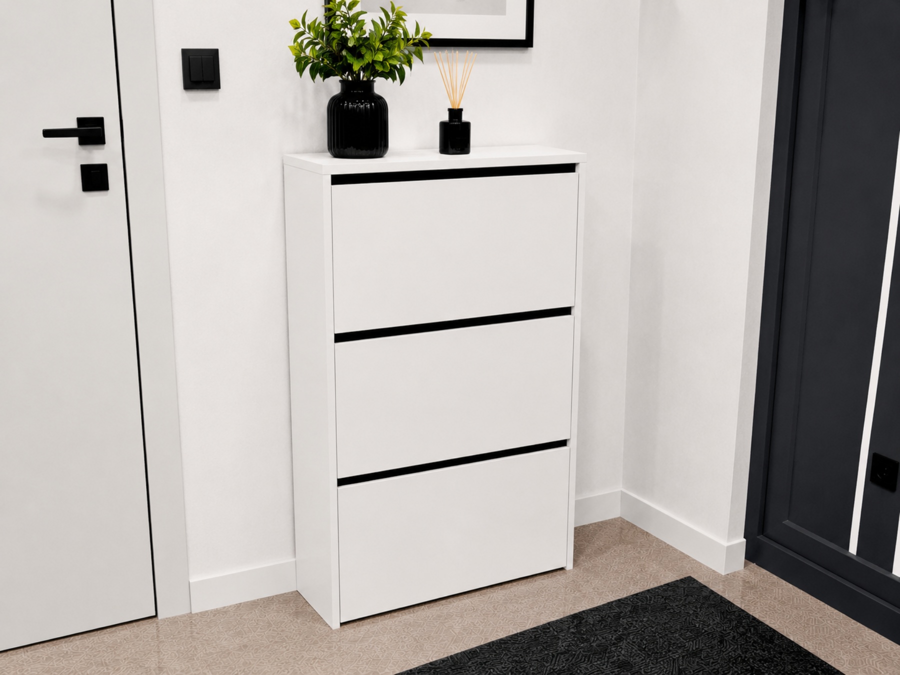 Dulap pentru Pantofi Monaco, PAL Alb, 70x110x24 cm, 3 Compartimente cu Basculare