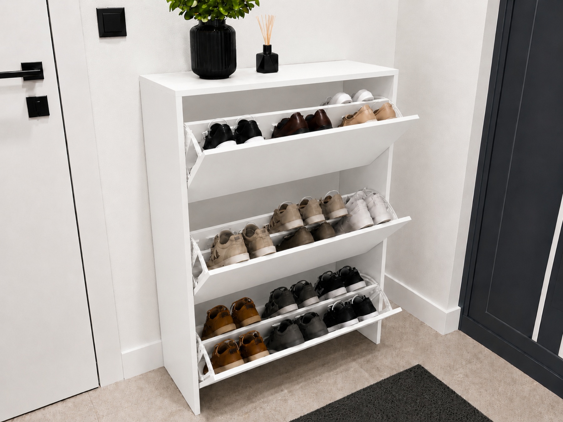 Dulap pentru Pantofi Monaco, PAL Alb, 70x110x24 cm, 3 Compartimente cu Basculare