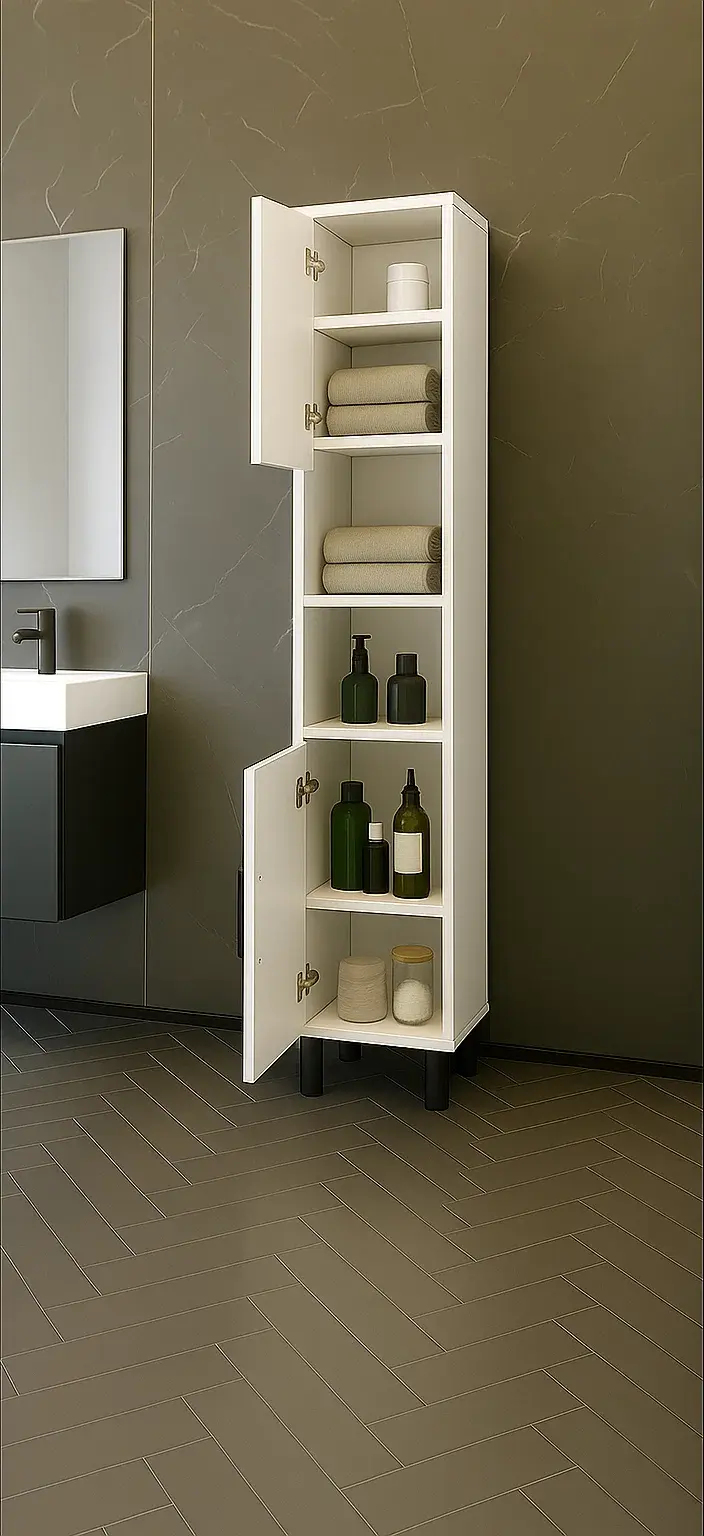 Slimora Tall Narrow Bathroom Cabinet, White PAL Particle Board, 180x35x30 cm, 2 Doors with Black Handles, 2 Open Shelves, 4 Black Legs