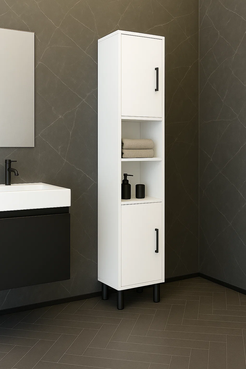 Slimora Tall Narrow Bathroom Cabinet, White PAL Particle Board, 180x35x30 cm, 2 Doors with Black Handles, 2 Open Shelves, 4 Black Legs