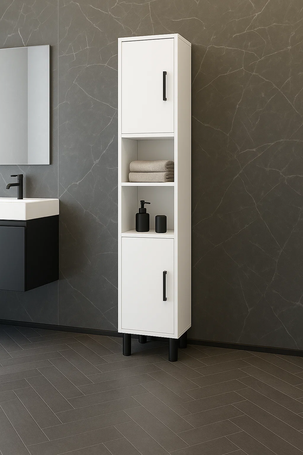 Slimora Tall Narrow Bathroom Cabinet, White PAL Particle Board, 180x35x30 cm, 2 Doors with Black Handles, 2 Open Shelves, 4 Black Legs