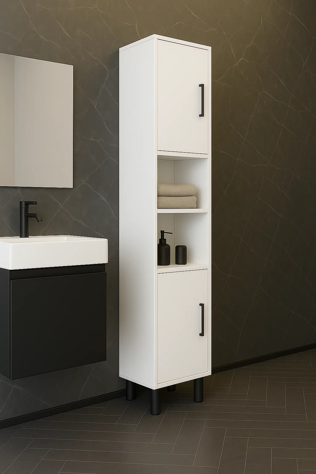 Slimora Tall Narrow Bathroom Cabinet, White PAL Particle Board, 180x35x30 cm, 2 Doors with Black Handles, 2 Open Shelves, 4 Black Legs