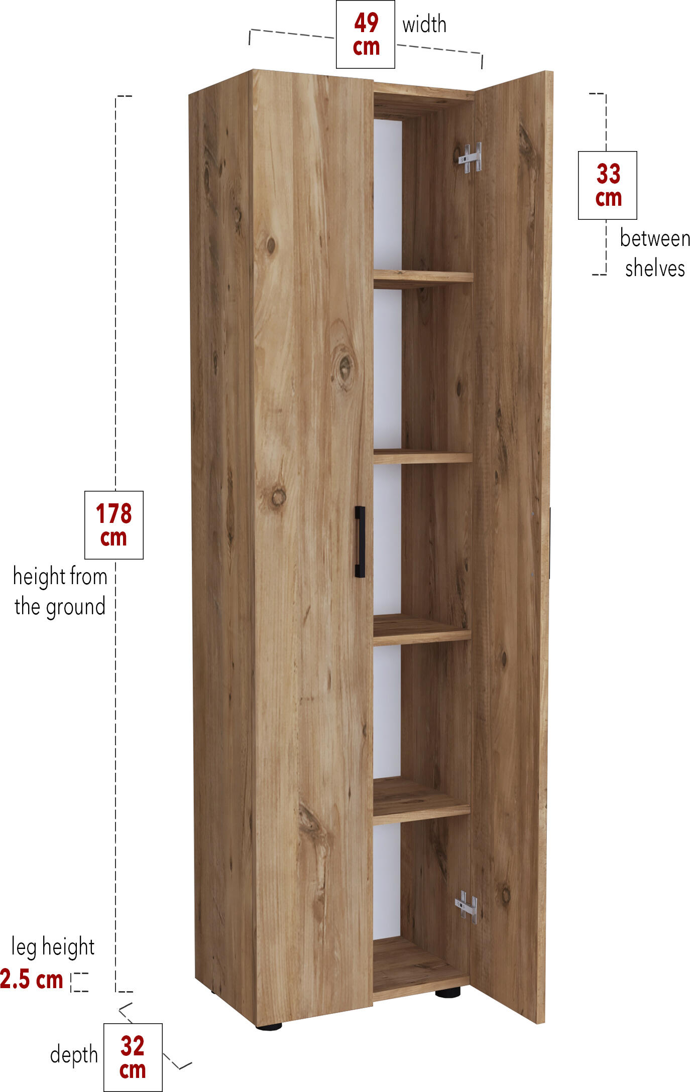 Merlin Atlantic Storage Cabinet, Particle Board, 5 Shelves, 2 Doors with Black Handles, 178x49x32 cm, Atlantic Finish