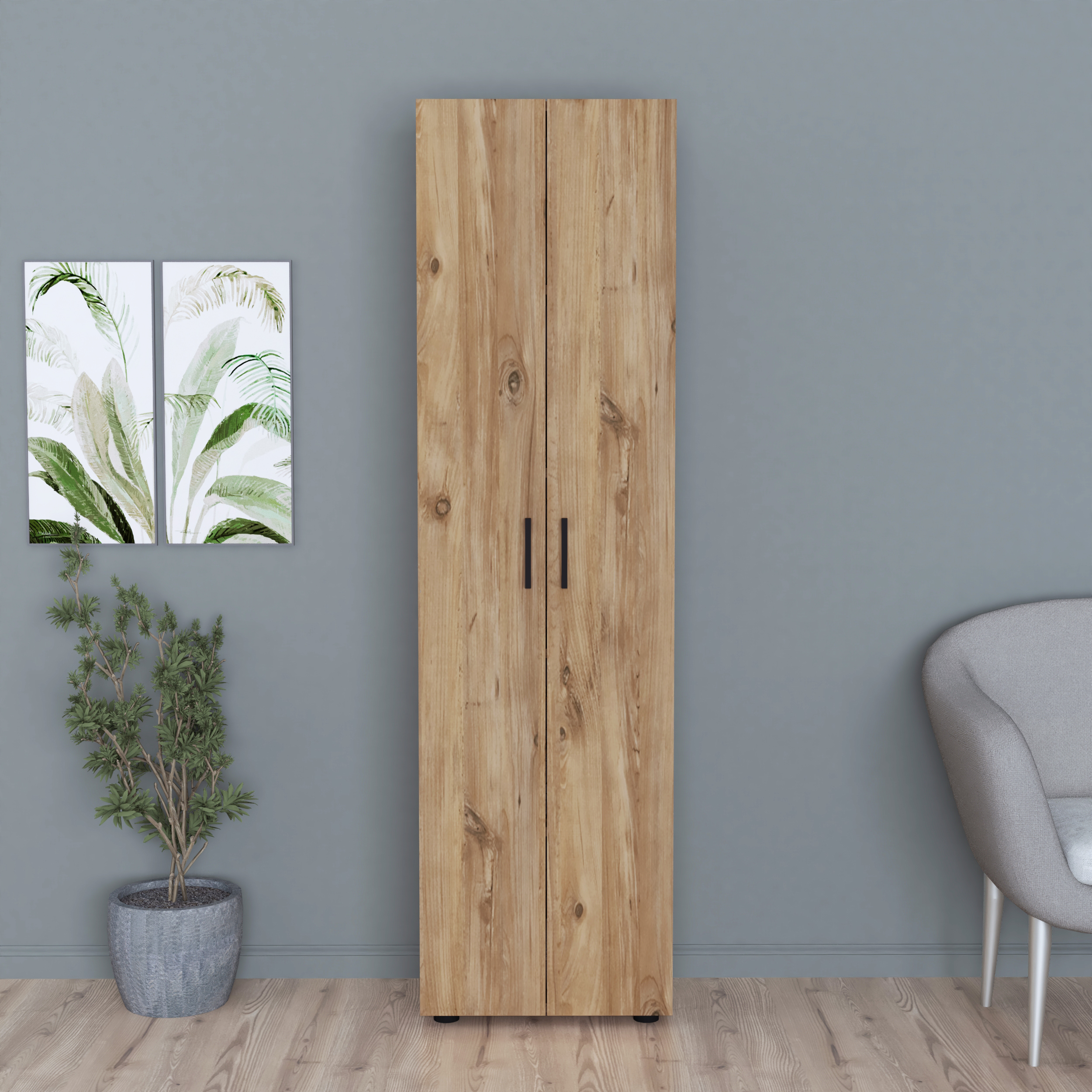 Merlin Atlantic Storage Cabinet, Particle Board, 5 Shelves, 2 Doors with Black Handles, 178x49x32 cm, Atlantic Finish