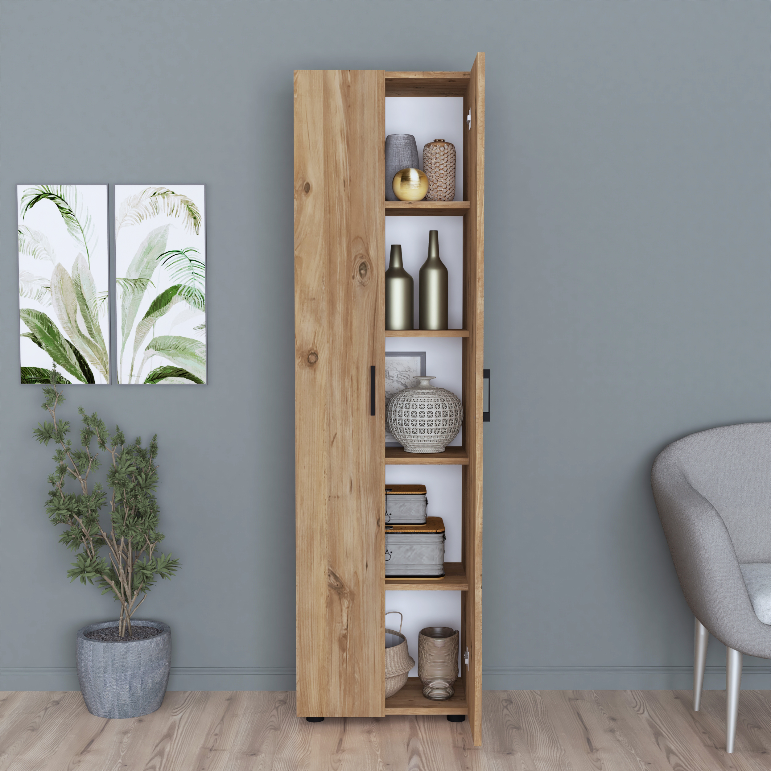 Merlin Atlantic Storage Cabinet, Particle Board, 5 Shelves, 2 Doors with Black Handles, 178x49x32 cm, Atlantic Finish