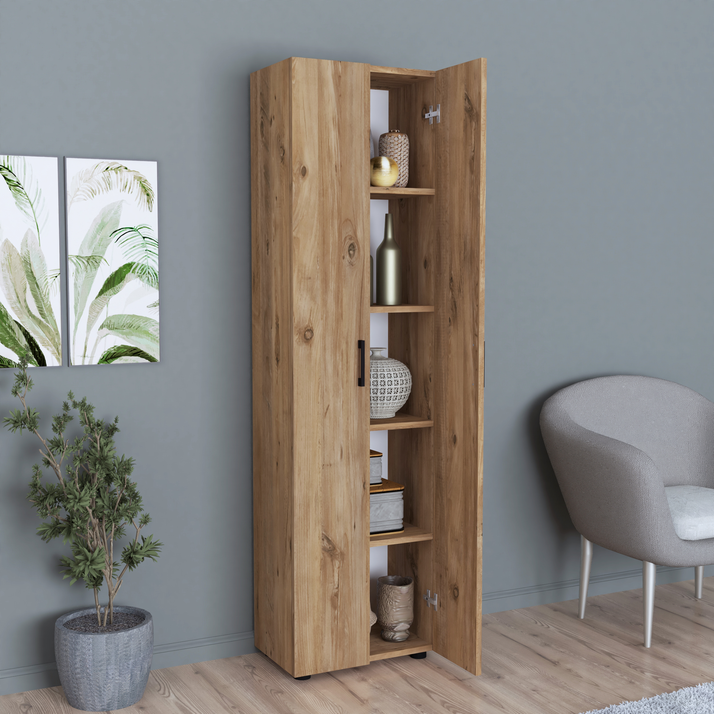 Merlin Atlantic Storage Cabinet, Particle Board, 5 Shelves, 2 Doors with Black Handles, 178x49x32 cm, Atlantic Finish