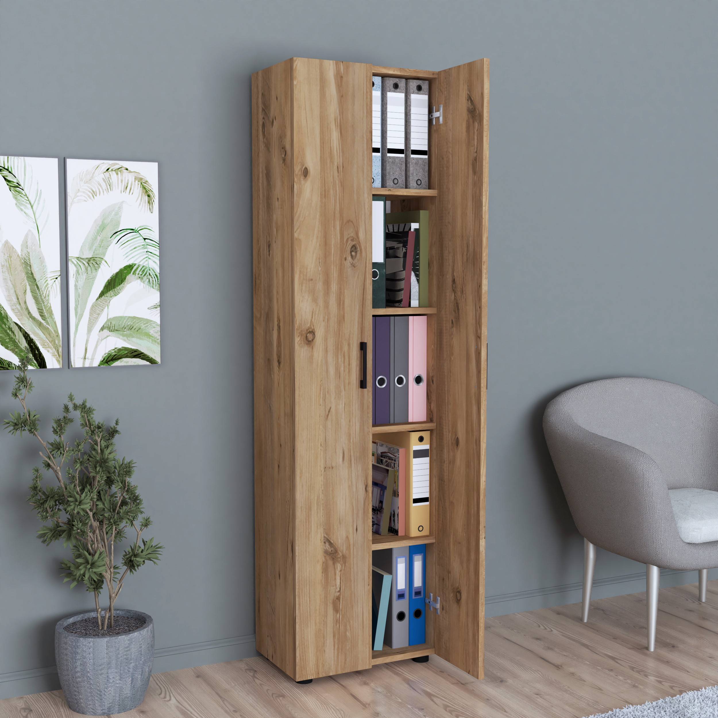 Merlin Atlantic Storage Cabinet, Particle Board, 5 Shelves, 2 Doors with Black Handles, 178x49x32 cm, Atlantic Finish