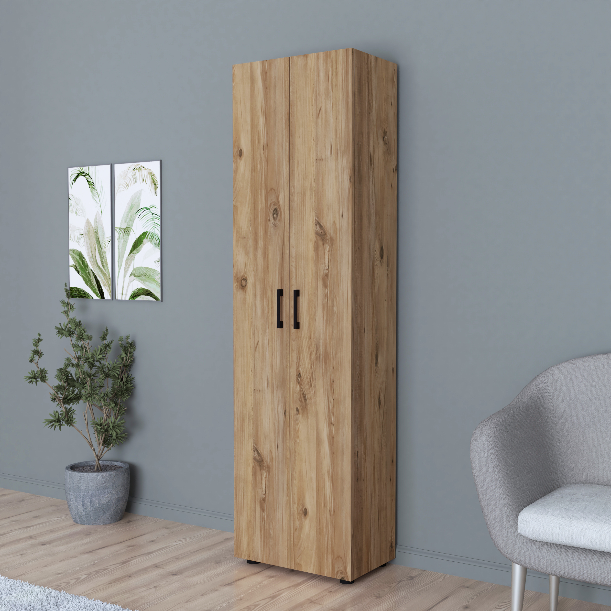 Merlin Atlantic Storage Cabinet, Particle Board, 5 Shelves, 2 Doors with Black Handles, 178x49x32 cm, Atlantic Finish