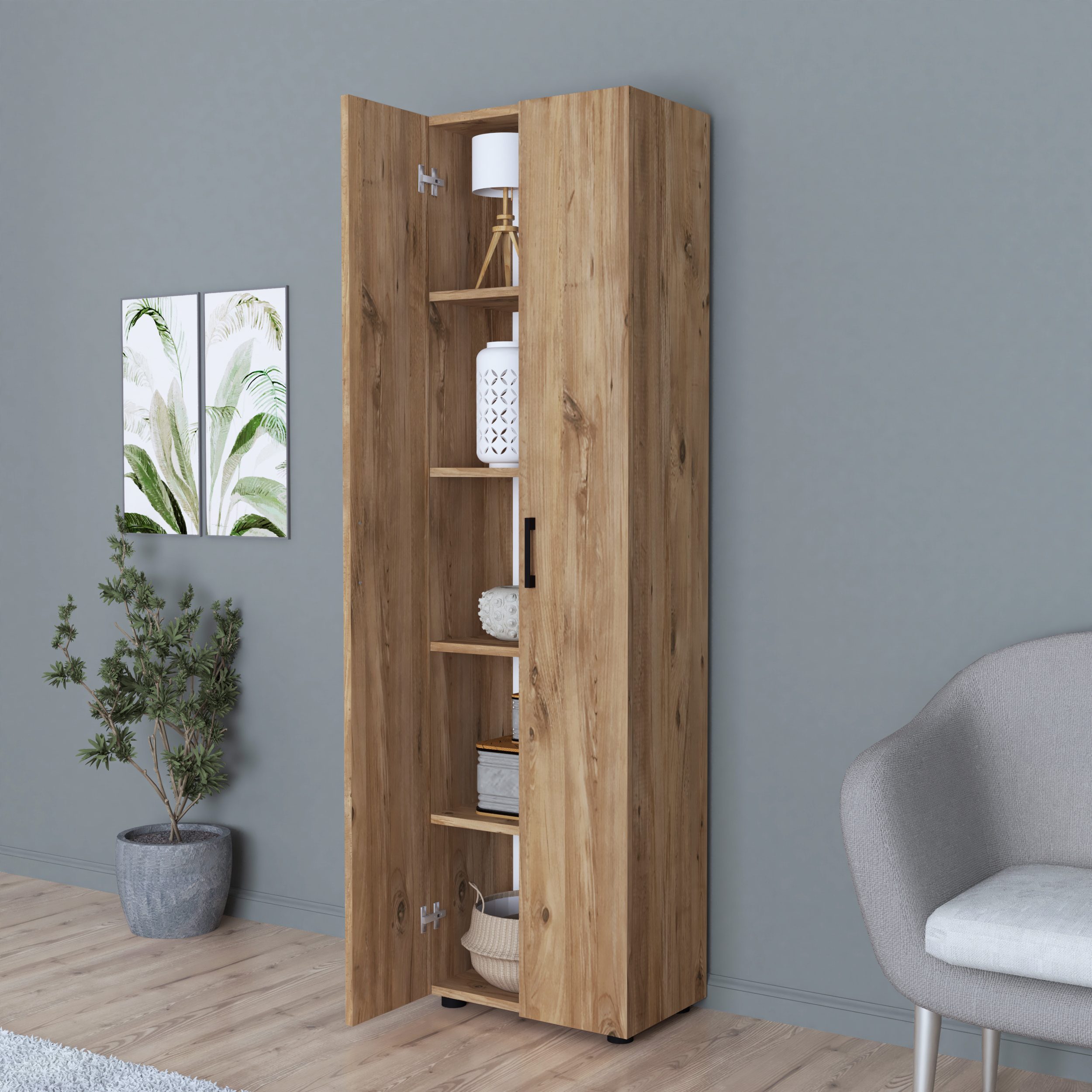 Merlin Atlantic Storage Cabinet, Particle Board, 5 Shelves, 2 Doors with Black Handles, 178x49x32 cm, Atlantic Finish
