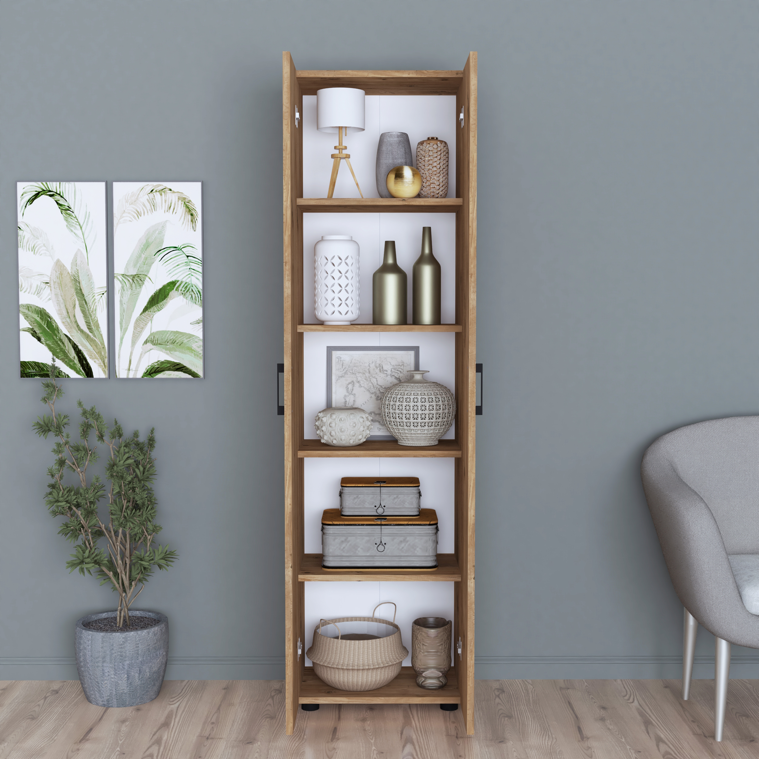 Merlin Atlantic Storage Cabinet, Particle Board, 5 Shelves, 2 Doors with Black Handles, 178x49x32 cm, Atlantic Finish