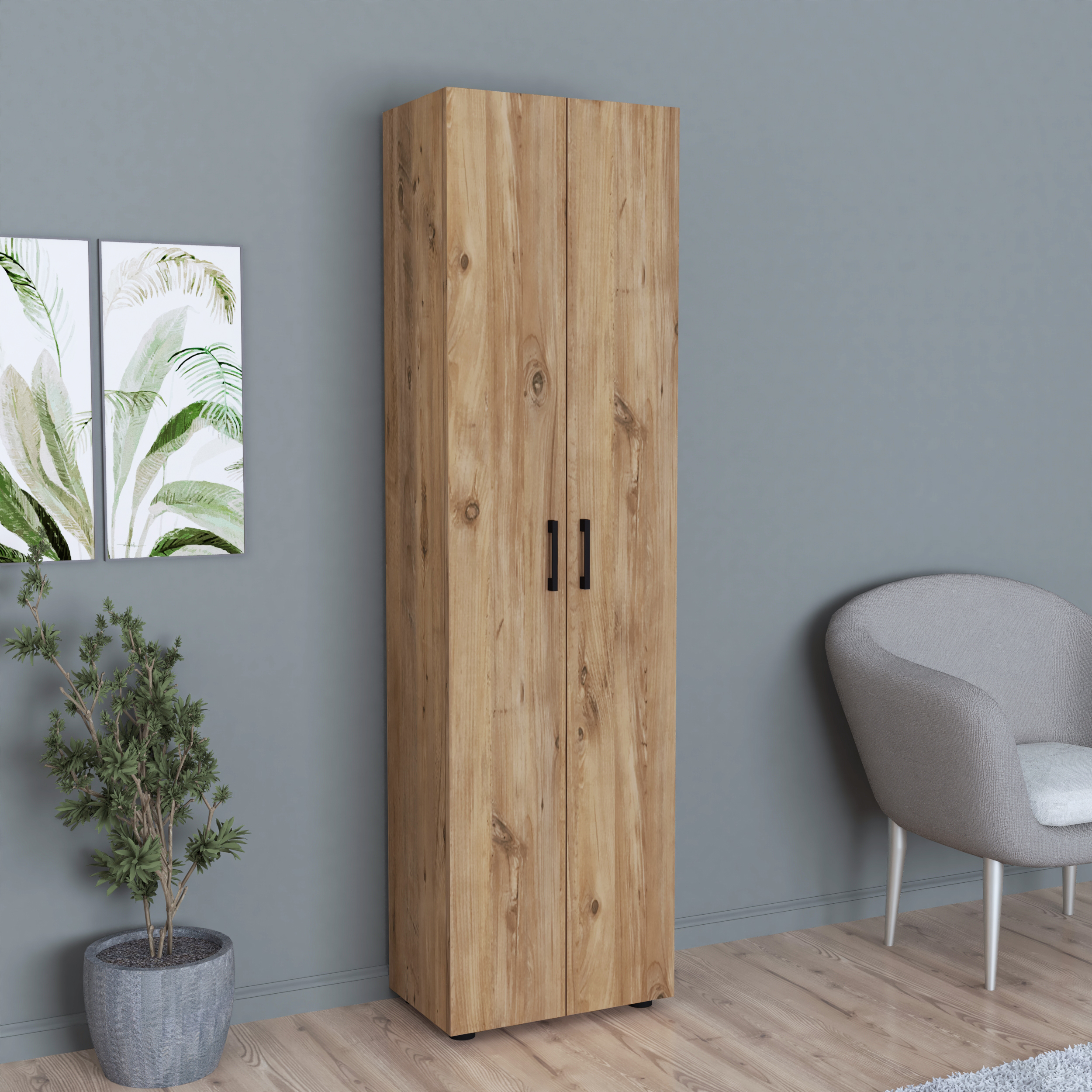Merlin Atlantic Storage Cabinet, Particle Board, 5 Shelves, 2 Doors with Black Handles, 178x49x32 cm, Atlantic Finish