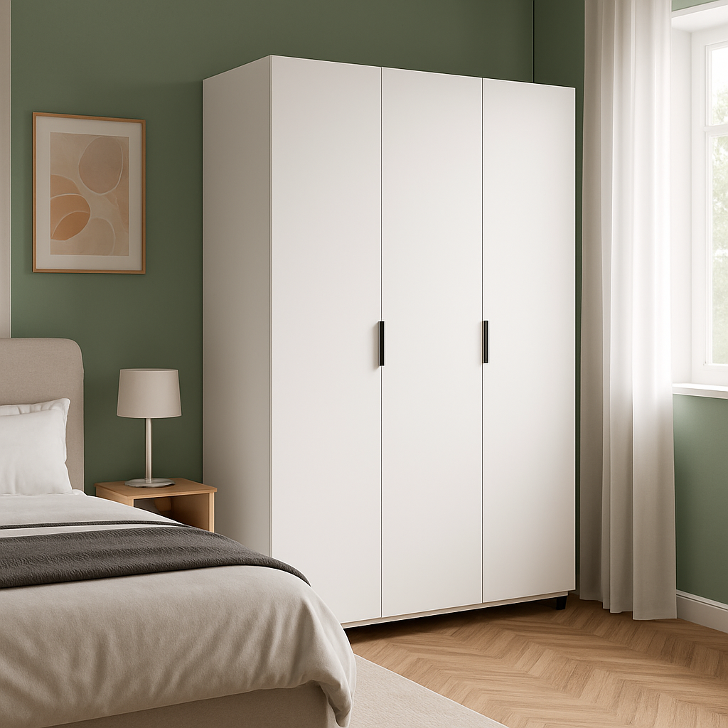 Amelia Plus Wardrobe, 110x180x50 cm, White PAL 16mm, Hinged Doors with Black Handles, Hanging Rod and 5 Shelves