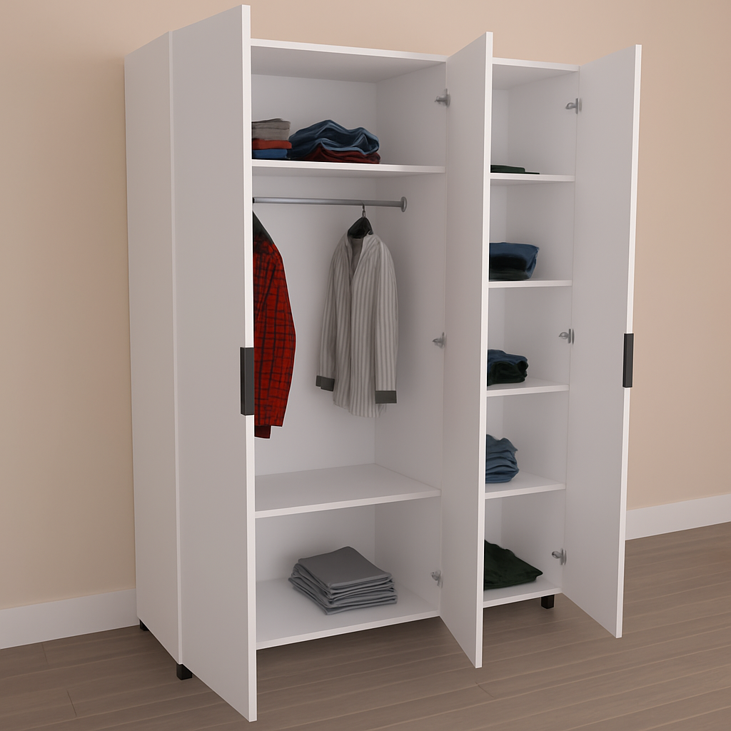 Amelia Plus Wardrobe, 110x180x50 cm, White PAL 16mm, Hinged Doors with Black Handles, Hanging Rod and 5 Shelves