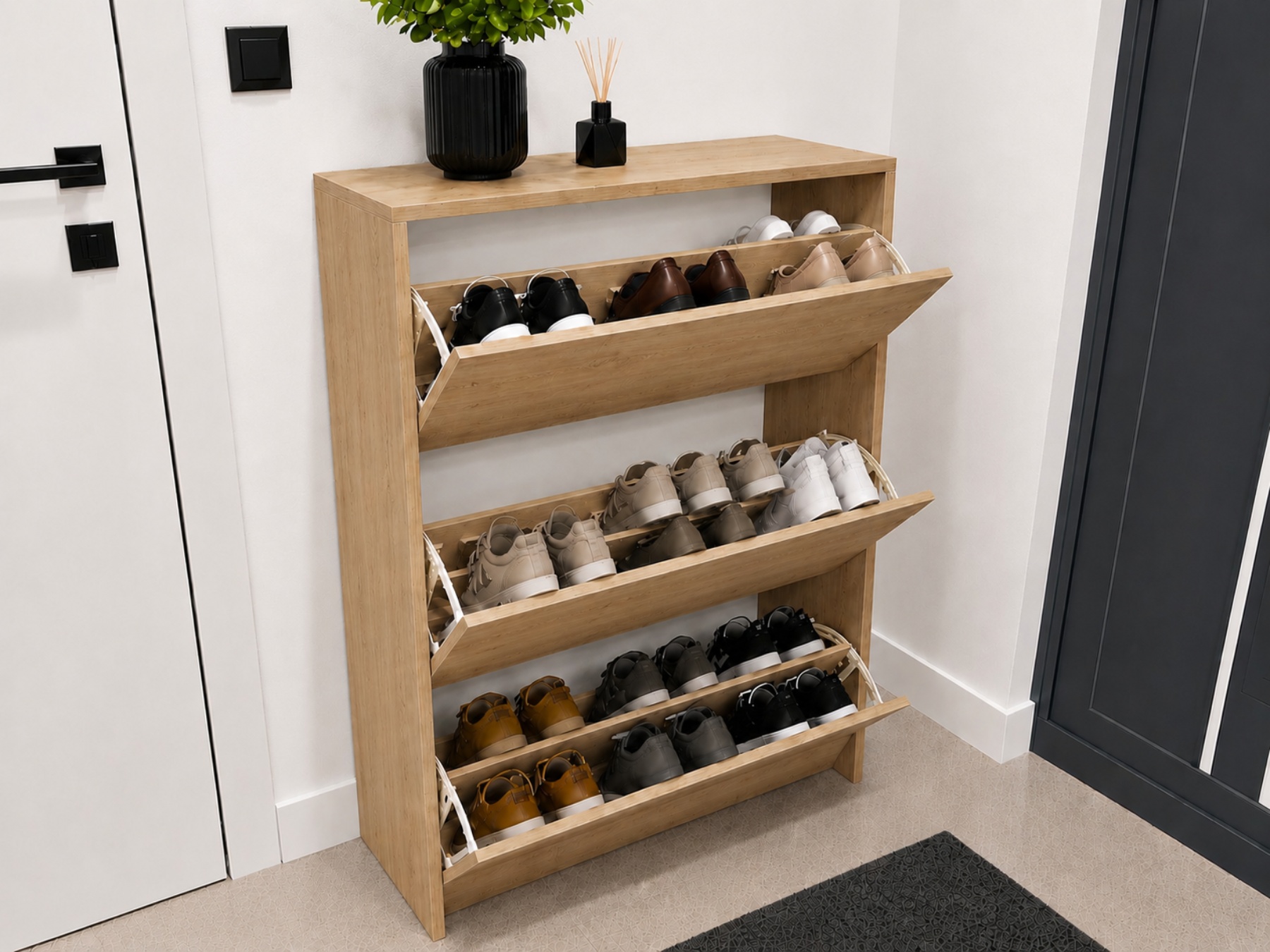 Dulap pentru pantofi Monaco, Culoare Atlantic, PAL 16mm, 3 Sertare Basculante, 110x70x24 cm