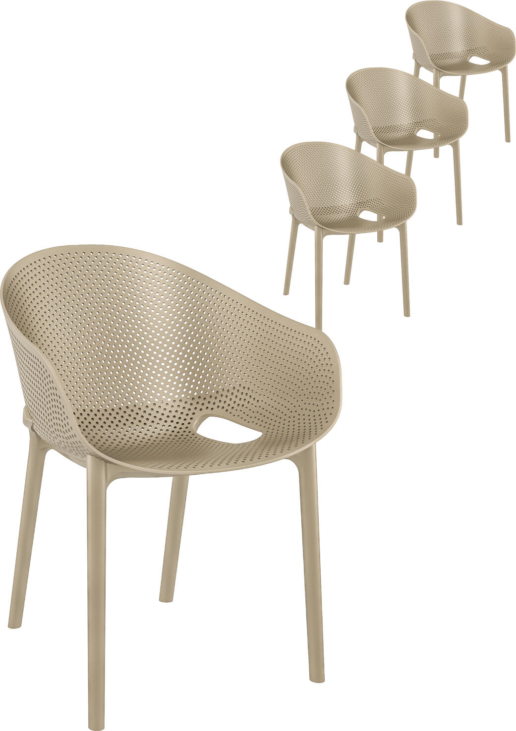 Set de 4 scaune de gradina Siesta Sky, Taupe, polipropilena ranfortata cu fibra de sticla, stivuibile, rezistente la UV, utilizare interior si exterior, curatare cu laveta umeda, 54x60x81 cm
