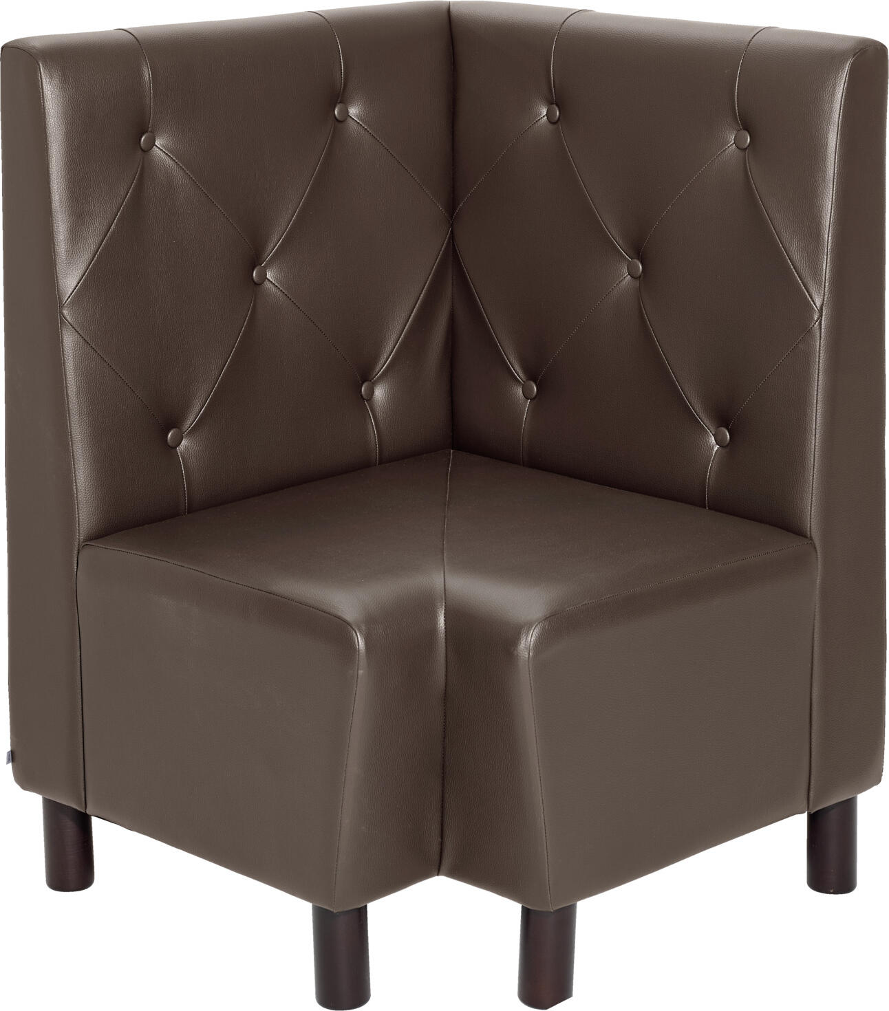 VEGA LUSINI Solutions GmbH Corner bench Lerida imitation leather Eckbank Lerida Kunstleder Corner bench Lerida imitation leather; 75x75x102 cm (WxDxH); brown Eckbank Lerida Kunstleder; 75x75x102 cm (BxTxH); braun Modern corner element made of solid stained beech wood with imitation leather. High backrest and full upholstery ensure pleasant seating comfort. Easy-care, abrasion-resistant and fire-retardant cover. Can be linked with other elements using linking fittings - please order separately (SKU 10093926). Only suitable for indoor use. Supplied partially assembled - simply screw on the legs. Please order matching 2-seater bench separately. Modernes Eckelement aus massivem gebeiztem Buchenholz mit Kunstleder. Hohe Rückenlehne und Vollpolsterung sorgen für angenehmen Sitzkomfort. Pflegeleicht, abriebfest und feuerhemmender Bezug. Verkettung mit anderen Elementen durch Verkettungsbeschlag - bitte separat bestellen (Artikelnummer: 10093926). Nur für den Innenbereich geeignet. Lieferung erfolgt teilmontiert - Beine einfach anschrauben. Passende 2-Sitzer Bank gleich dazu bestellen.