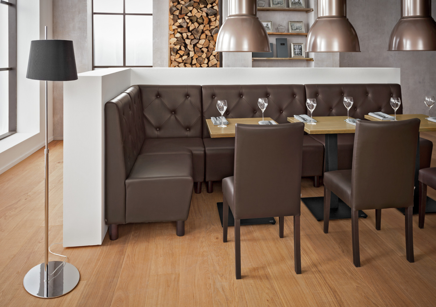 Vega Lerida Corner Bench, Brown Imitation Leather, Solid Beech Wood Frame, High Backrest, 75x75x102 cm
