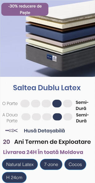 Almir Dublu Latex Mattress 80x190x24 cm, Springless Semi-Hard, Natural Latex PureTouch, Coconut Fiber, OrtoFoam, 7-Zone Support, Jacquard Cover