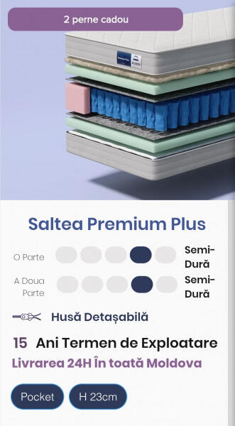 Saltea Ortopedica Almir Premium Plus, 200x200 cm, Sistem cuaruri Pocket, Fermitate Semi-Hard, Husă Detasabilă, Înălțime 23 cm, Include 2 Perne Cadou