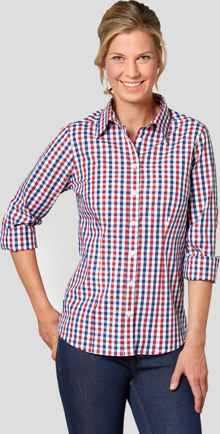 Bluza Jobeline Bailey pentru femei, 100% bumbac, carouri tricolor, maneca lunga, cravata Kent, croiala ajustata, imbricaminte profesionale