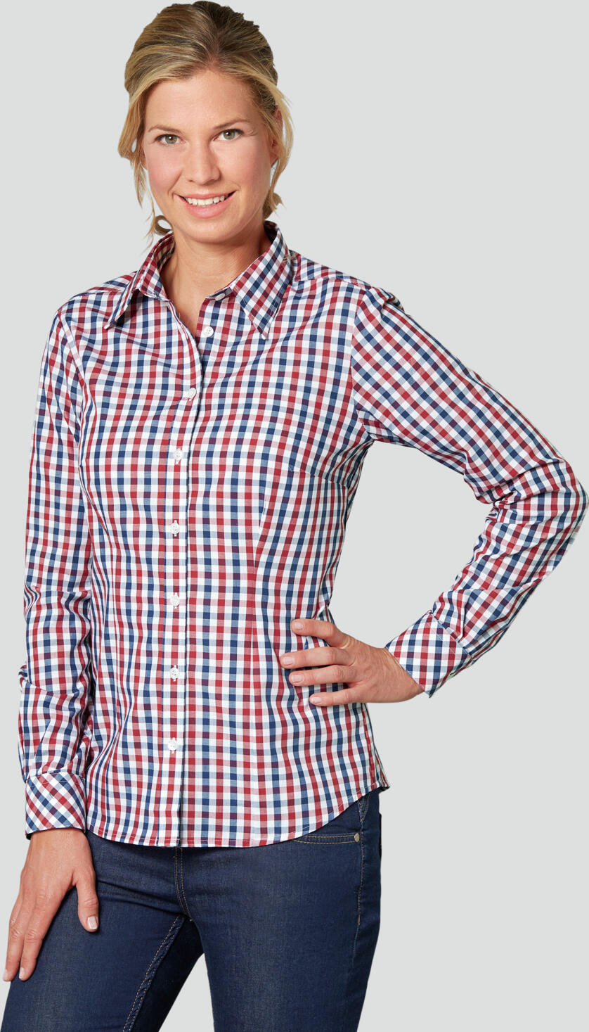 Bluza Jobeline Bailey pentru femei, 100% bumbac, carouri tricolor, maneca lunga, cravata Kent, croiala ajustata, imbricaminte profesionale