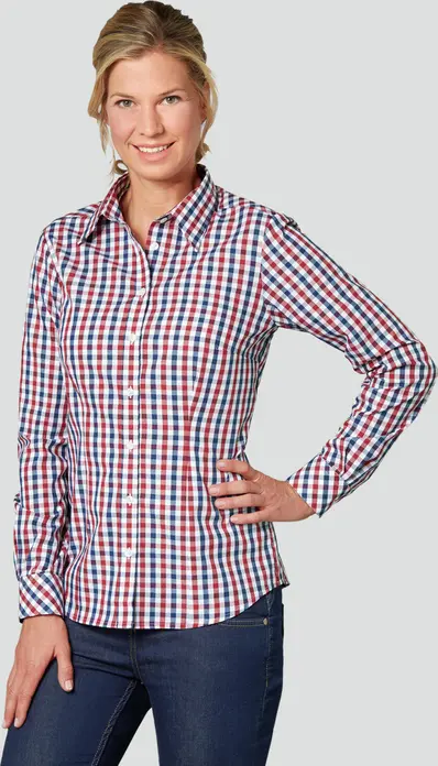 Bluza Jobeline Bailey pentru femei, 100% bumbac, carouri tricolor, maneca lunga, cravata Kent, croiala ajustata, imbricaminte profesionale
