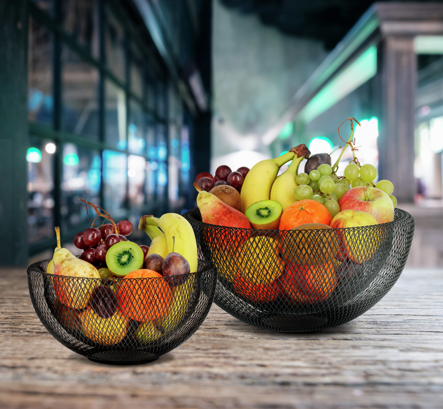 VEGA Indianola Fruit and Bread Basket Set of 2, Stackable Double-Layer Powder-Coated Steel Wire Mesh, Black, 29.5cm and 24.5cm Diameters