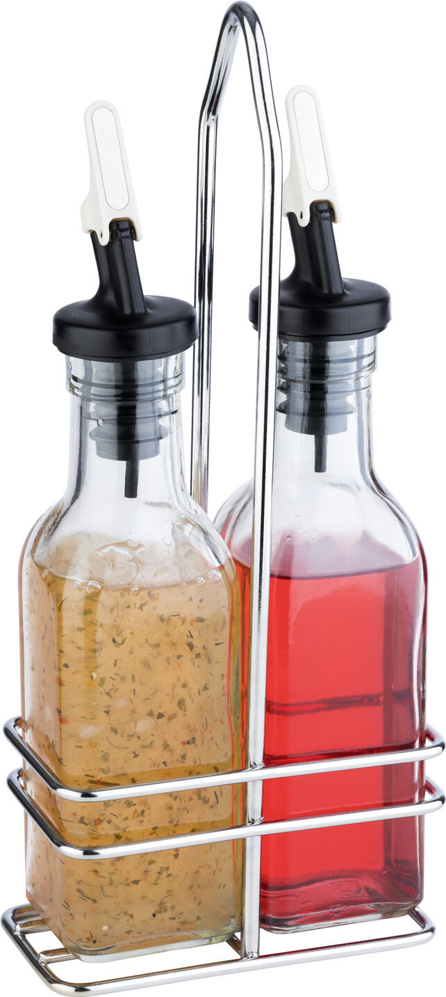 Set de 4 piese pentru oțet și ulei APS Assheuer + Pott, recipiente din sticlă de 120ml, suport din oțel inoxidabil cromat, tocituri PE antiderp, 40445