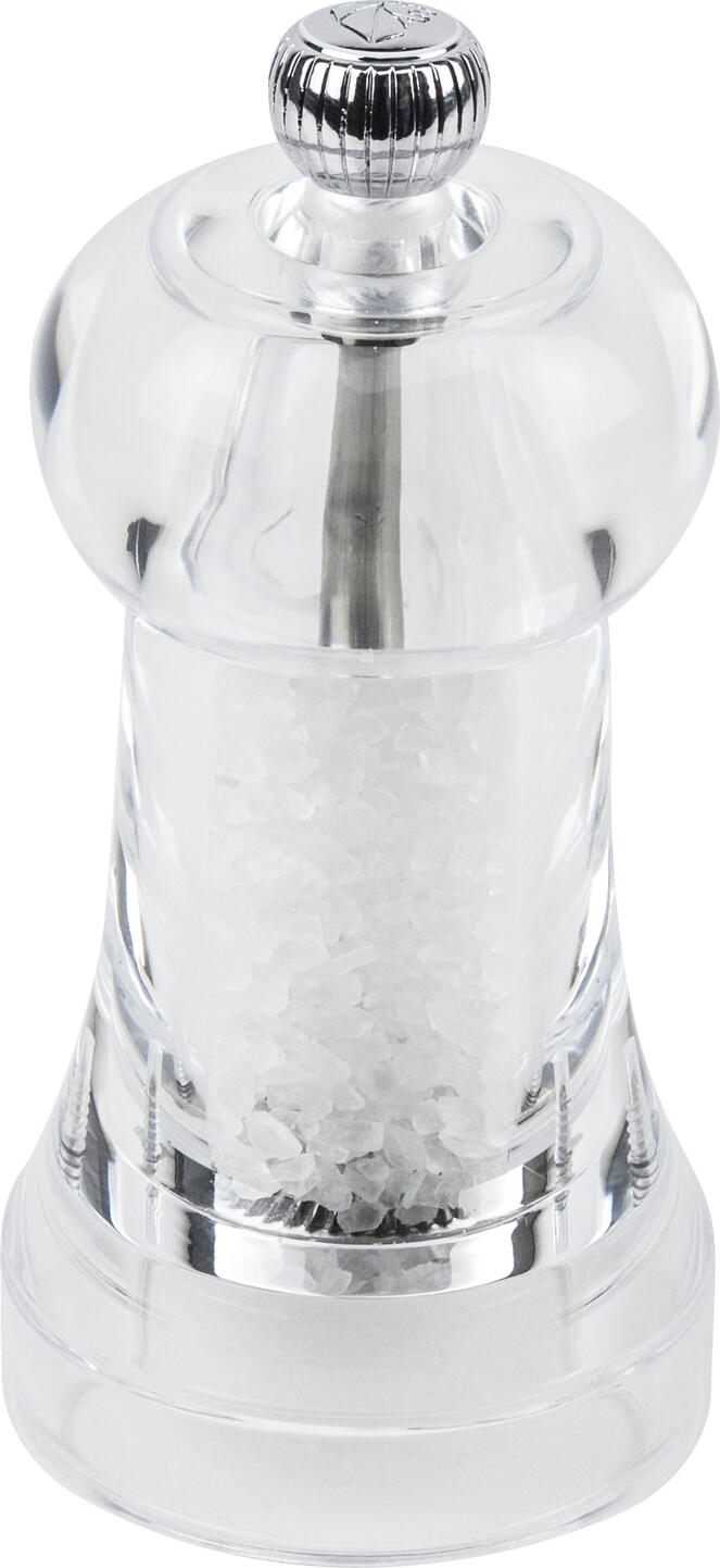 Salt mill Toul Salzmühle Toul Salt mill Toul; 11 cm (H); transparent Salzmühle Toul; 11 cm (H); transparent This acrylic Peugeot mill is an indispensable tool for lovers of coarse salts. Equipped with an exclusive grinder made of stainless steel protected against corrosion, specially designed for dry sea salt and rock salt, the transparent mill ensures efficient grinding. At the same time, the small adjustment knob on the head of the mill makes it possible to select individual grinding degrees: The tighter the knob is turned closed, the finer the result. To quickly refill the mill, simply unscrew the head, add salt, close the effort again and you can continue grinding, seasoning and enjoying. Diese Peugeot Mühle aus Acryl ist ein unentbehrliches Instrument für Liebhaber grober Salze. Ausgestattet mit einem exklusiven Mahlwerk aus gegen Korrosion geschütztem Edelstahl, das speziell für trockenes Meersalz und Steinsalz entwickelt wurde, gewährleistet die transparente Mühle ein effizientes Mahlen. Dabei ermöglicht der kleine Einstellungsknopf am Kopf der Mühle es, individuelle Mahlgrade zu wählen: Je fester der Knopf zugedreht wird, desto feiner ist das Ergebnis. Um die Mühle schnell wieder aufzufüllen, wird einfach der Kopf abgeschraubt, Salz hinzugegeben, die Mühe wieder verschlossen und schon kann weiter gemahlen, gewürzt und genossen werden!