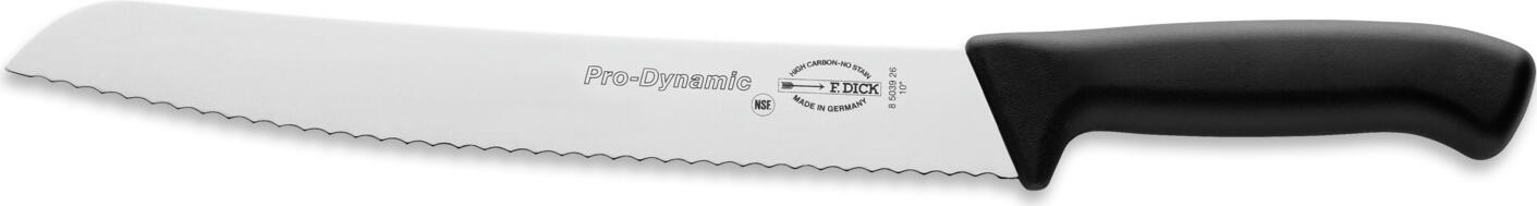 F. Dick Friedr.Dick GmbH & Co. KG Bread knife ProDynamic 26 cm Brotmesser ProDynamic 26 cm Bread knife ProDynamic 26 cm; Blade length 26 cm, 39.04 cm (L); silver/black Brotmesser ProDynamic 26 cm; Klingenlänge 26 cm, 39.04 cm (L); silber/schwarz The full plastic handle is optimally adapted to the hand. The softer plastic handle gives you a comfortable feeling when cutting and the handle feels light and secure in your hand. The thumb rest optimizes the hold when reaching over to weigh and chop. Your knife fits comfortably in your hand, so you can work efficiently and accurately. Der Vollkunststoffgriff ist optimal an die Hand angepasst. Durch den weicheren Kunststoffgriff hast du ein angenehmes Gefühl beim Schneiden und der Griff fühlt sich leicht und sicher in deiner Hand an. Die Daumenauflage optimiert das Halten beim Übergreifen zum Wiegen und Hacken. Dein Messer liegt angenehm in der Hand, sodass du effizient und genau arbeiten kannst.