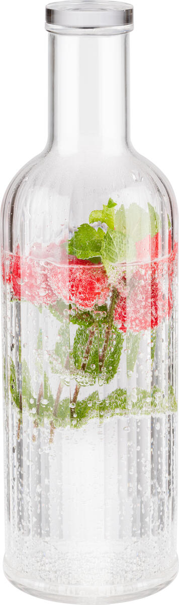 Carafa APS Bottle Stripes 1000ml, Transparenta, Sticla pentru apa din Metilstiren si Silicon rezistenta la spargere, Design cu dungi, Inaltime 28.5cm