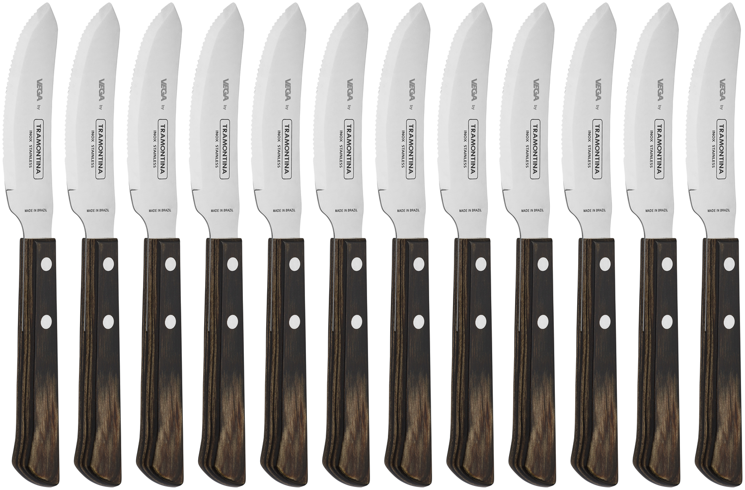 Tramontina Picanha Pizza Knife Set of 12 Pieces, 21 cm Stainless Steel 13/0 Mirror Polished Blade, Brown Polywood Handle, Made in Brazil