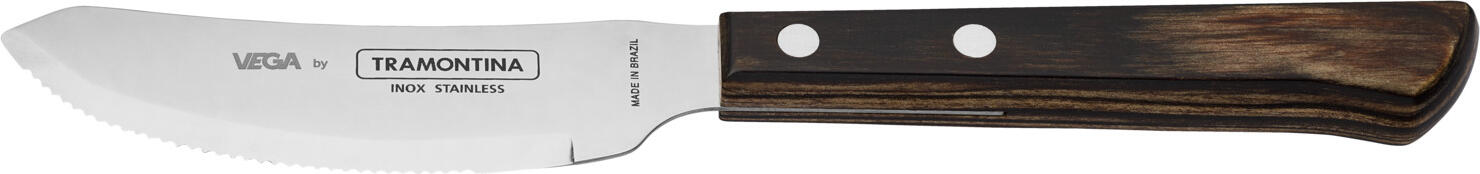 VEGA LUSINI Solutions GmbH Pizza knife Picanha Pizzamesser Picanha Pizza knife Picanha; 21 cm (L); silver, handle brown; 12 piece / pack Pizzamesser Picanha; 21 cm (L); silber, Griff braun; 12 Stück / Pack Stainless steel 13/0, rustproof. Polywood handle. Pizza knife in the well-known Tramontina design. Hard cutting blade with durable handles with stainless steel rivets. The polywood handles are made of several layers of pine wood, impregnated with resin and then pressed into shape. Suitable for dishwasher. Chrom-Edelstahl 13/0, rostfrei. Griff aus Polywood. Pizzamesser in bekanntem Tramontina Design. Harte Schneideklinge mit langlebigen Griffen mit Edelstahlnieten. Die aus Polywood gefertigten Griffe bestehen aus mehreren Schichten Kiefernholz, die mit Harz imprägniert und danach in Form gepresst werden. Spülmaschinengeeignet.