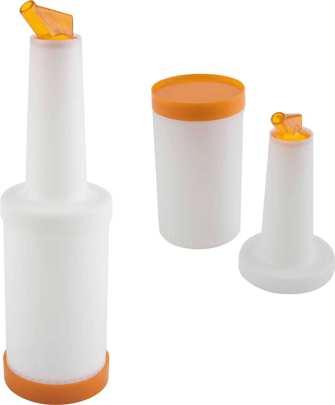 APS Assheuer + Pott GmbH & Co. KG Dosing & storage bottle Dosier-/Vorratsflasche, Polypropylen Dosing & storage bottle; 850 ml, 9x33 cm (ØxH); orange Dosier-/Vorratsflasche, Polypropylen; 850 ml, 9x33 cm (ØxH); orange 4-piece. The APS dosing and storage bottle is suitable for dosing and storage and consists of a container, a bottle neck, a screw cap and a spout (1.1 cm). The spout is supplied with air, which ensures targeted pouring. Die Dosier- und Vorratsflasche ist eine praktische Lösung für das präzise Aufbewahren und Portionieren von Flüssigkeiten im professionellen und privaten Einsatz. Sie ermöglicht ein sauberes und kontrolliertes Ausgießen und eignet sich ideal für Saucen, Dressings oder andere Flüssigkeiten. Die durchdachte Konstruktion unterstützt eine einfache Handhabung im täglichen Gebrauch. * Ideal zum Dosieren und Aufbewahren von Flüssigkeiten * Präzises und sauberes Ausgießen * Gefertigt aus Polypropylen * Mehrteiliges System für flexible Nutzung * Pflegeleicht und hygienisch * Spülmaschinengeeignet * Für Gastronomie und Haushalt geeignet