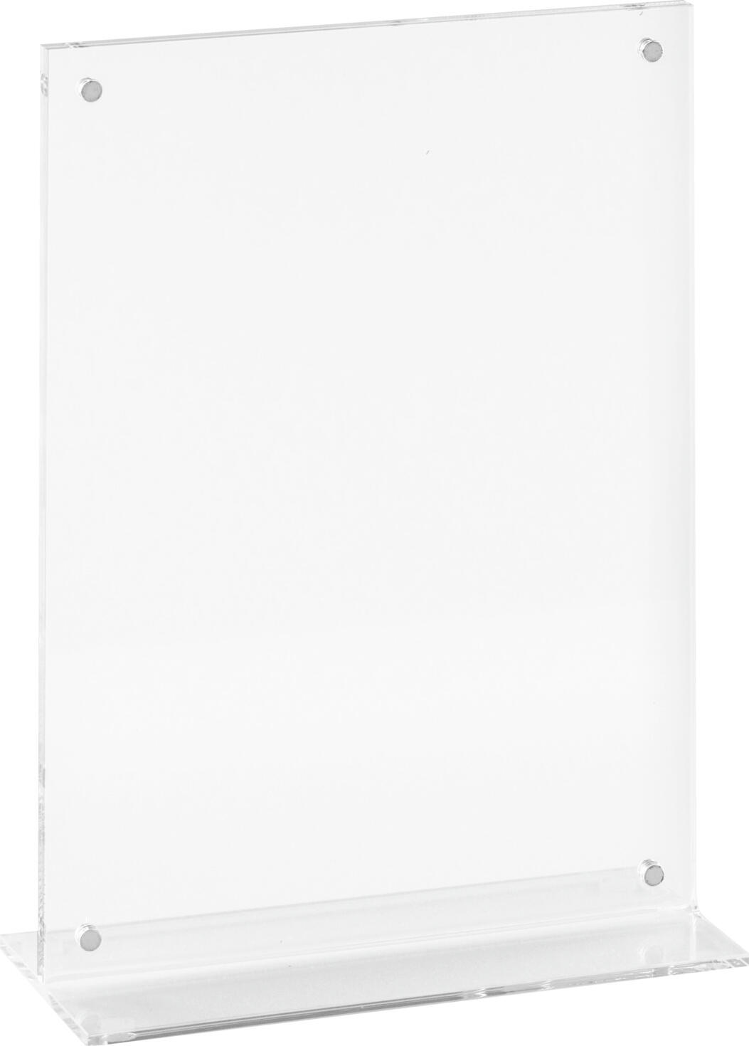 VEGA LUSINI Solutions GmbH Table display stand Bisagno Tischaufsteller Bisagno Table display stand Bisagno; A5, 14.9x21.5 cm (WxH); transparent Tischaufsteller Bisagno; DIN A5, 14.9x21.5 cm (BxH); transparent For the presentation of your specials. Easy to clean with hot water. T-shaped display stand. The two parts are connected by four strong magnets. Aufsteller in T-Form aus Acryl. Leicht mit heißem Wasser zu reinigen.