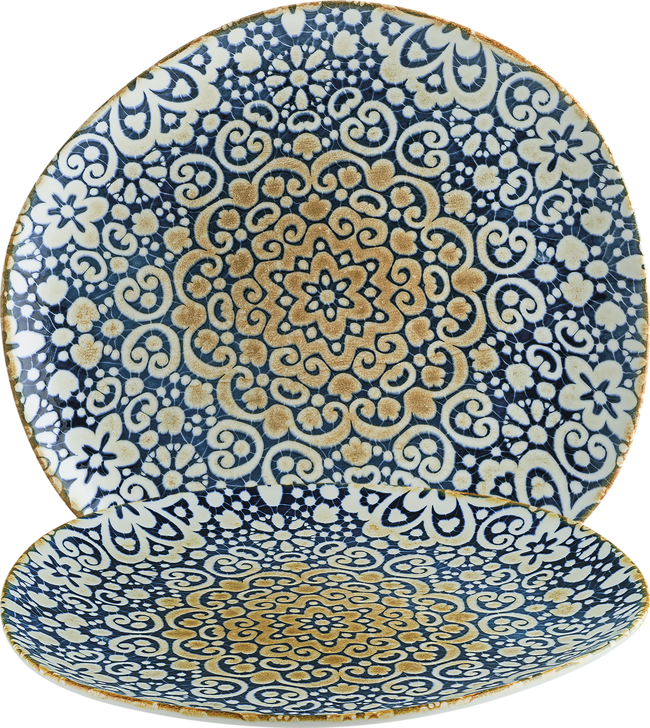 Bonna Table Roc Deutschland GmbH Organic flat plate Alhambra Teller flach organisch Alhambra Organic flat plate Alhambra; 29x27 cm (LxW); blue/white/brown; organic; 6 piece / pack Teller flach organisch Alhambra; 29x27 cm (LxB); blau/weiß/braun; organisch; 6 Stück / Pack Colored plate in a trendy vintage look with oriental pattern. Suitable for dishwasher and microwaveable. Farbiger Teller aus Porzellan im trendigen Vintage-Look, mit orientalischem Dekor. Ohne Fahne. Sieht aus wie handgefertigt. Spülmaschinengeeignet und mikrowellengeeignet.