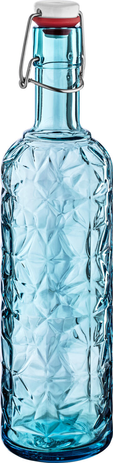 Bormioli Rocco Bormioli Luigi S.p.A. Swing-top bottle Oriente Bügelverschlussflasche Oriente Swing-top bottle Oriente; 1.05 l, 8.5x32 cm (ØxH); blue; 6 piece / pack Bügelverschlussflasche Oriente; 1.05 l, 8.5x32 cm (ØxH); blau; 6 Stück / Pack Swing stopper bottle made of solid colored glass and stainless steel stopper. Dishwasher safe. Bügelverschlussflasche aus durchgefärbtem Glas und Verschlussbügel aus Edelstahl. Spülmaschinenfest.
