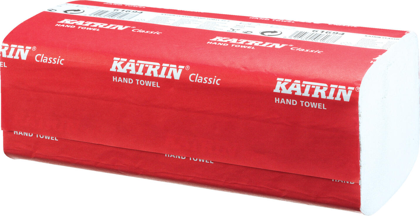 Katrin Metsä Tissue GmbH Paper towel Classic 2-ply Z-fold Falthandtuch Classic 2-lagig Z-Falz Paper towel Classic 2-ply Z-fold; 22.4x23 cm (WxH); white; 20 piece / pack Falthandtuch Classic 2-lagig Z-Falz; 22.4x23 cm (BxH); weiß; 20 Stück / Pack Overlapping paper towels made of 100% recycled paper, 2-ply, 200 sheets per pack, white. Hygienic and economical in consumption due to single dispensing. Approved for direct food contact. * Overlapped (zigzag) quality towels * Automatic single dispensing - hygienic and economical in use. * Suitable for areas with low to medium consumption * Handy pack - smart packaging with ergonomic handle makes it easy to carry thousands of towels with one hand * Certified with the Nordic Swan eco-label * Certified with the EU Ecolabel Weißes Falthandtuch aus 100 % Recycling-Papier. 2-lagig mit V-Falz/Zick-Zack-Falz (2 Flächen). Empfohlen für alle Bereiche mit niedrigem bis mittlerem Verbrauch und normalen Anwendererwartungen. Durch Einzelausgabe hygienisch und sparsam im Verbrauch. Für direkten Lebensmittelkontakt zugelassen. Die Folienverpackung ist zu 100 % recycelbar und enthält mindestens 30 % Recyclinganteil Zertifiziert mit dem Nordic Swan Umweltzeichen und dem EU-Ecolabel. Lieferumfang: 20 Banderolen mit je 200 = 4.000 Blatt. Passende Falthandtuchspender gleich mitbestellen.