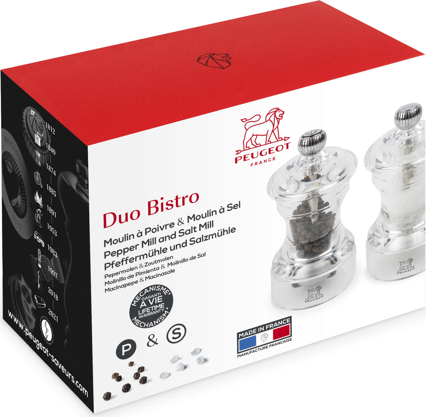 Peugeot Peugeot Saveurs SNC Salt and pepper mill Bistro acrylic Duo Salz- und Pfeffermühle Bistro Acryl Duo Salt and pepper mill Bistro acrylic Duo; 10 cm (H); transparent Salz- und Pfeffermühle Bistro Acryl Duo; 10 cm (H); transparent Peugeot BISTRO model is based on the original design of the first Peugeot mill from 1874, iconic and timeless in design. This model is now also available in insensitive acrylic. The new material offers a contemporary look to the Bistro series and its transparency lets you see at a glance whether it is a pepper mill or a salt mill. The size of 10 cm makes the mill ideal for use on the table setting and offers perfect ergonomics. Das Modell BISTRO von Peugeot basiert auf dem Originaldesign der ersten Peugeot-Mühle aus dem Jahr 1874, ikonisch und zeitlos im Design. Dieses Modell ist nun auch in unempfindlichem Acryl erhältlich. Das neue Material bietet einen zeitgenössischen Blick auf die Bistro-Serie und ihre Transparenz lässt auf einen Blick erkennen, ob es sich um eine Pfeffer- oder um eine Salzmühle handelt. Die Größe von 10 cm macht die Mühle ideal für den Gebrauch auf dem gedeckten Tisch und bietet perfekte Ergonomie.