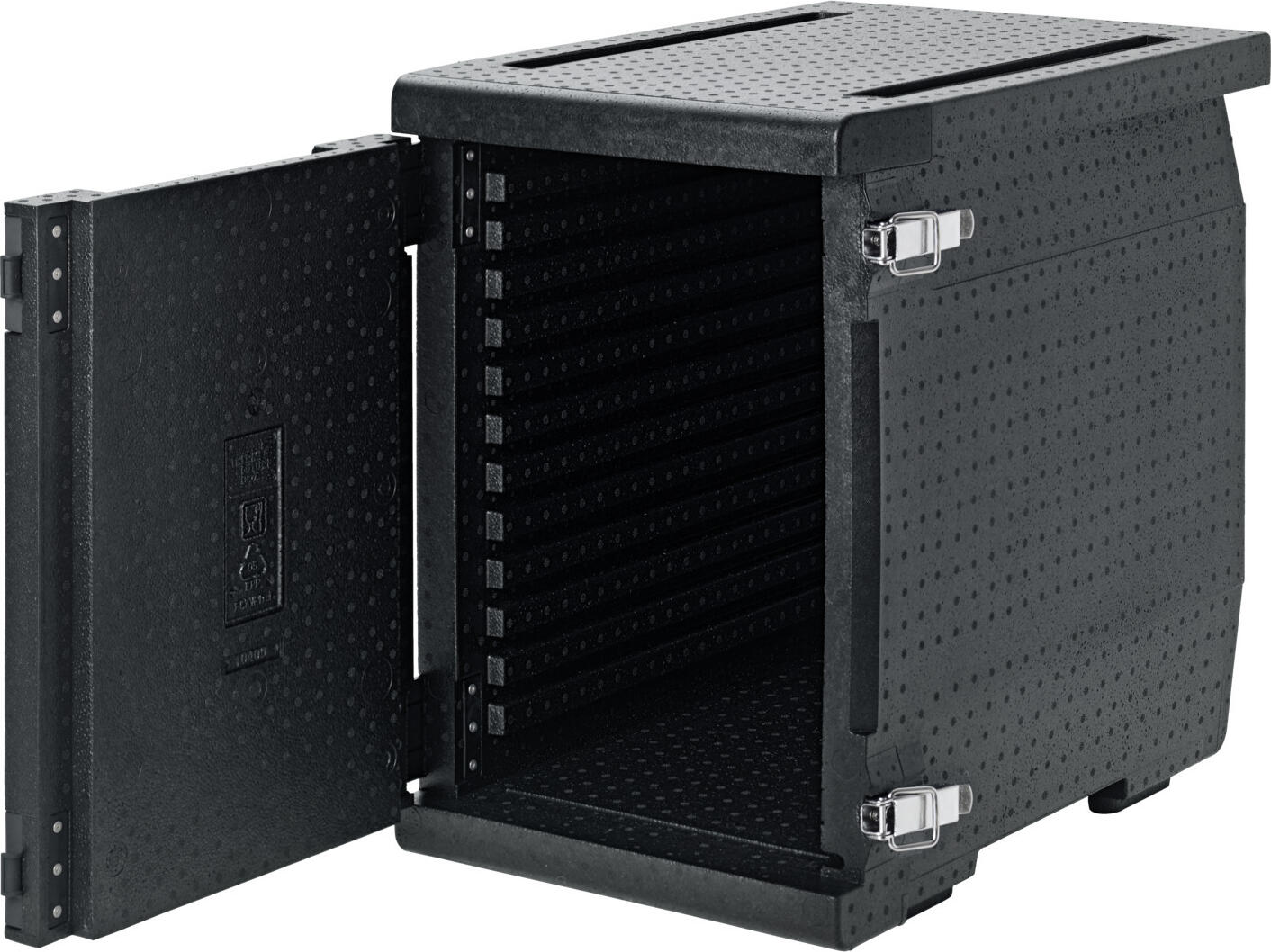 Thermo Future Box Front Loader Thermal Insulation Box, 93L, EPP Plastic, Black, -40 to +120 C, GN 1/1 1/2 1/3 Compatible, Stackable, 64.5x44.5x62.5 cm