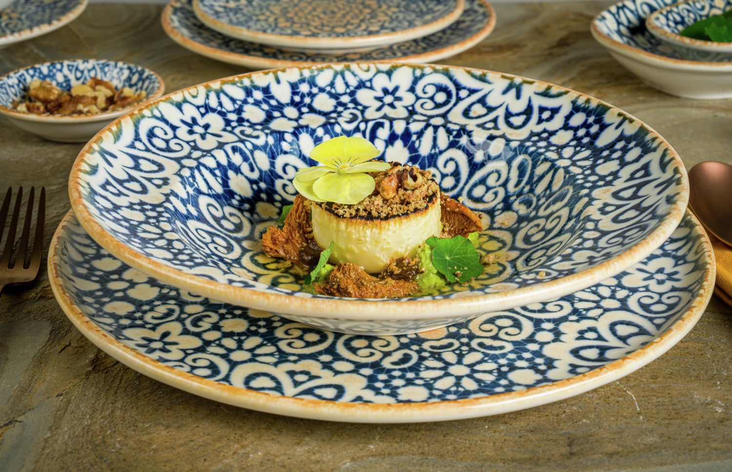 Bonna Alhambra Deep Plate Set of 6, 23 cm Porcelain Round Bowls, 1000 ml Oriental Vintage Design, Dishwasher and Microwave Safe