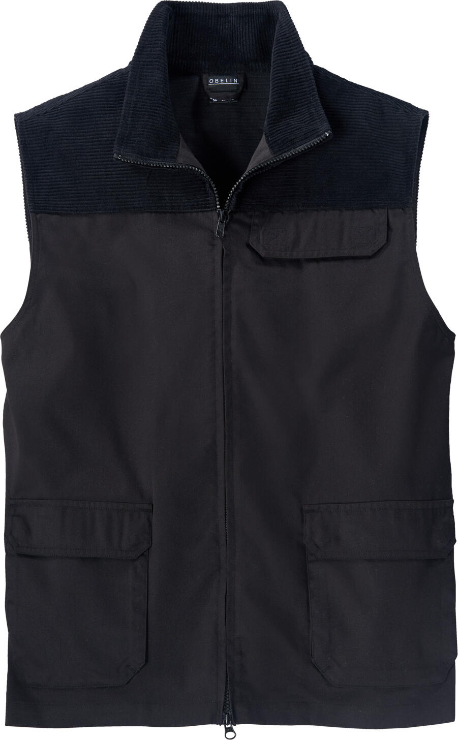 Jobeline Lenn Men's Vest, Black, Size L, 65% Polyester 35% Cotton, Regular Fit, Two-Way Zipper, Chest Pocket with Velcro, Belly Pockets with Snap Buttons